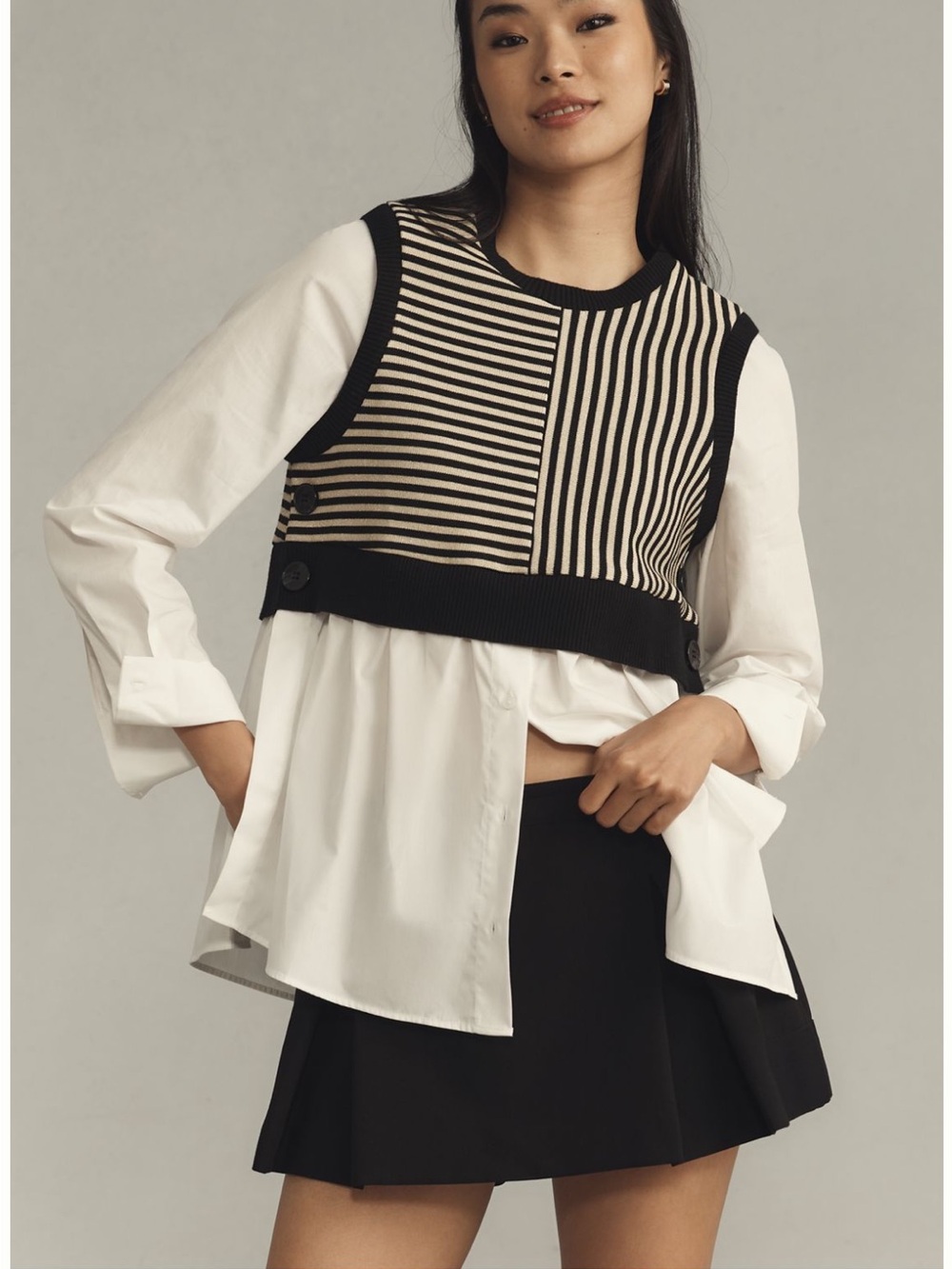 Maeve Striped Knit Crop Vest in Black and Cream